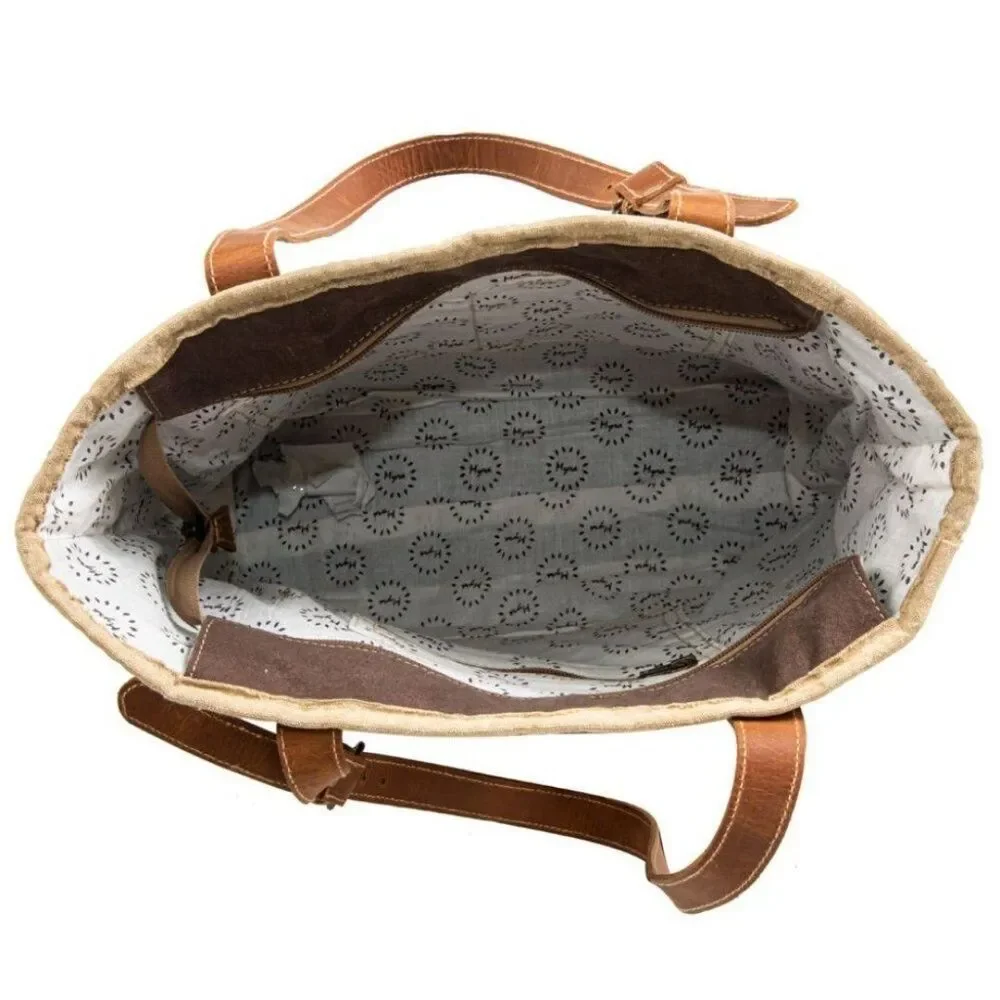 Myra Bag Handmade Francais Tote Bag Upcycled Canvas & Cowhide Leather
